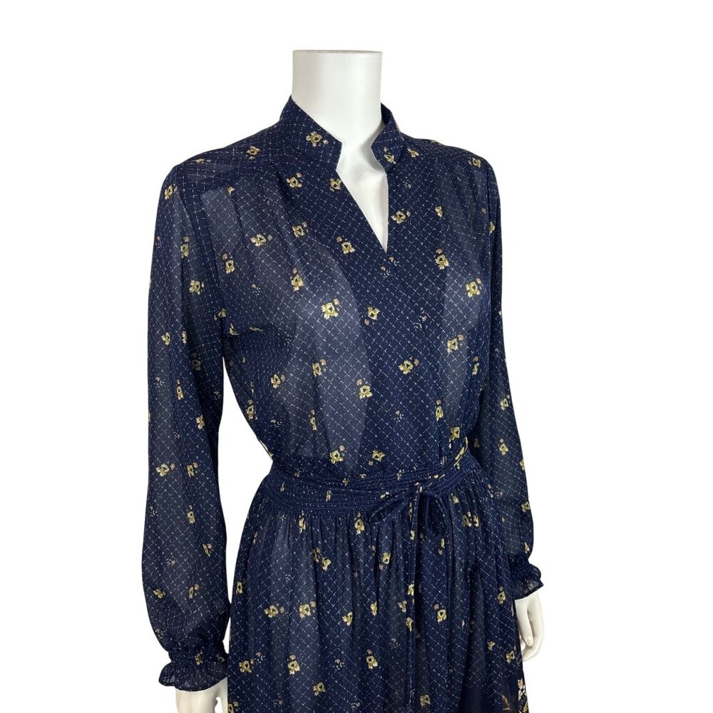 Vintage 80s Sheer Dress Womens M Navy Blue Peacock Floral Border Print - Picture 4 of 11